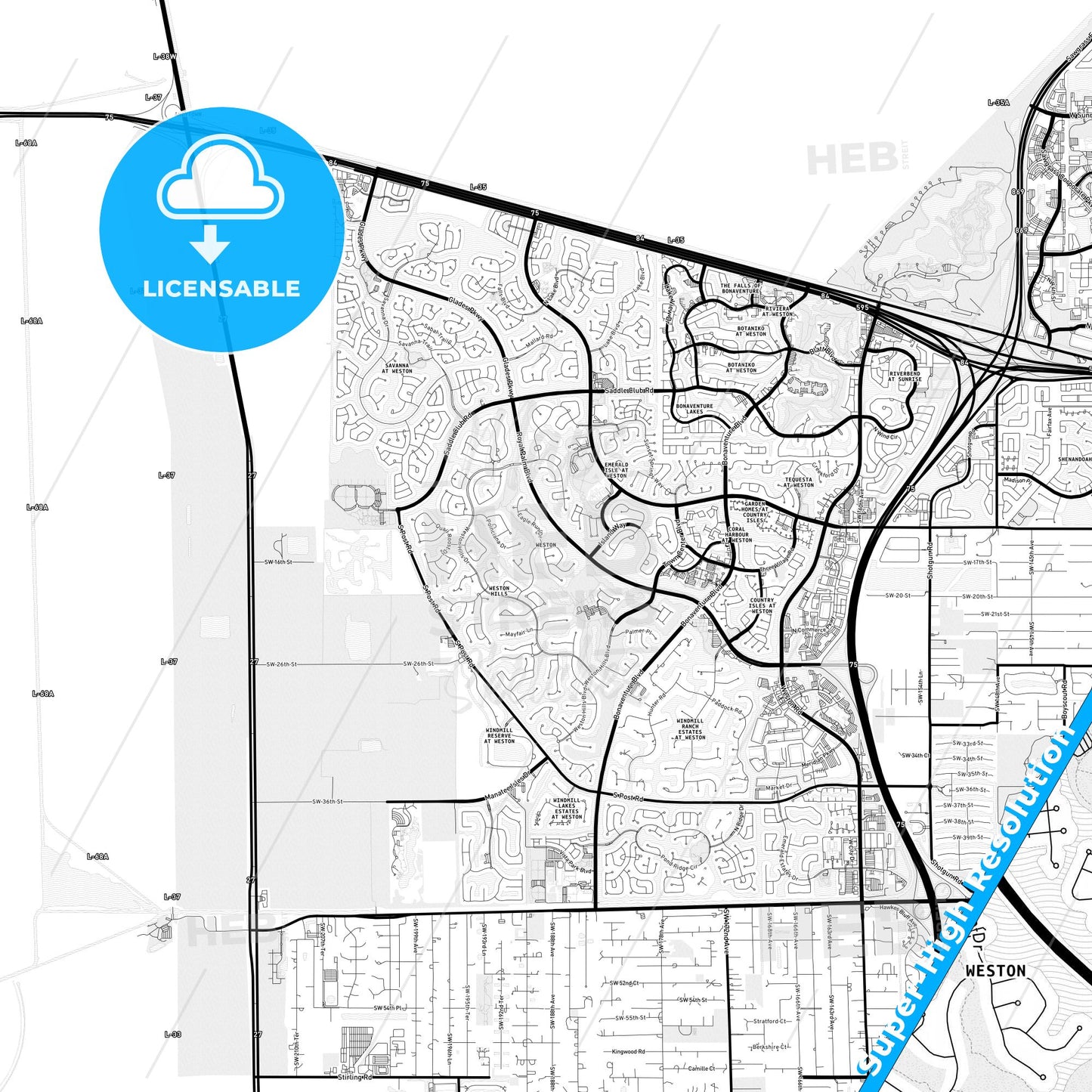 Weston, Florida Light Map with Street Names, City Names, and Districts
