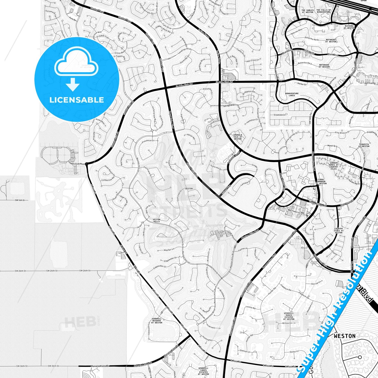 Weston, Florida Light Map with Street Names, City Names, and Districts