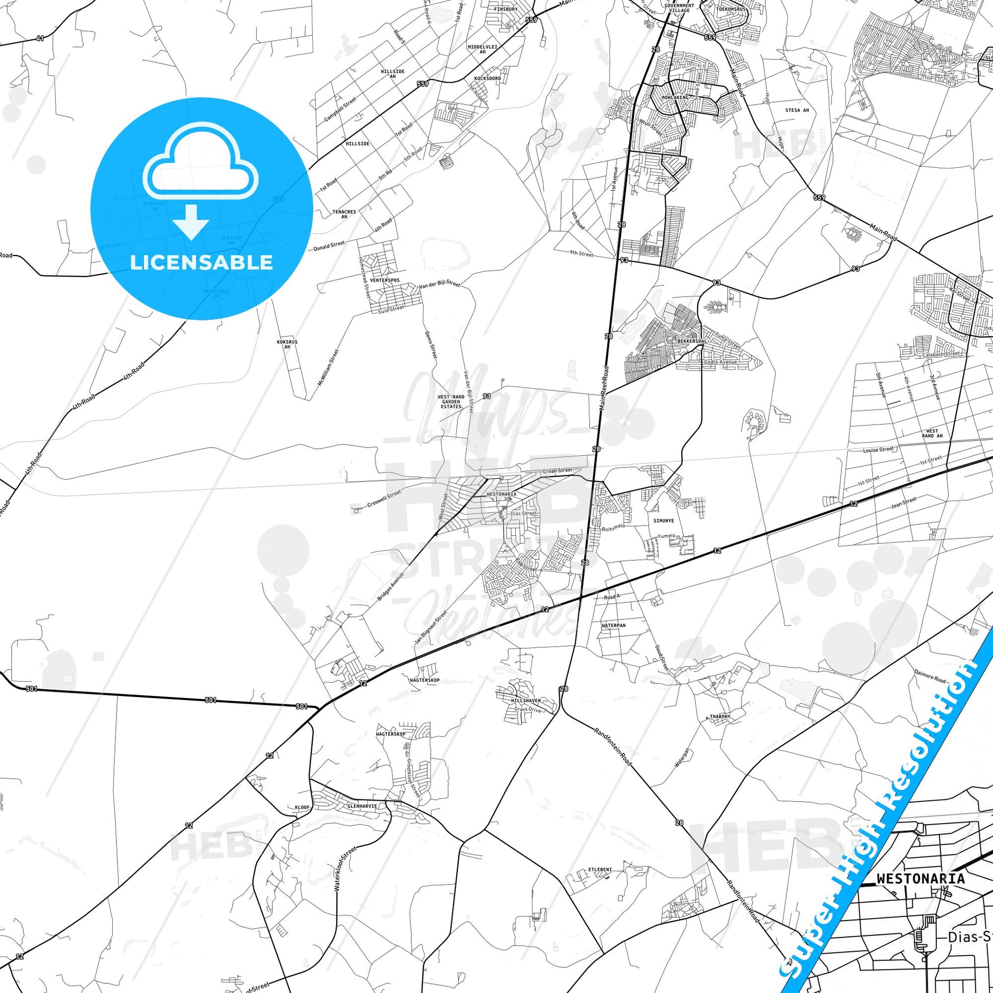 Westonaria, South Africa light map with streetnames, citynames and districts