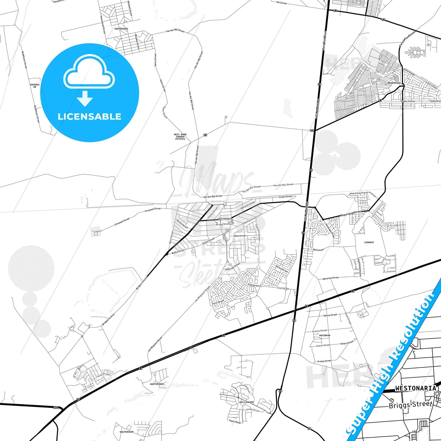 Westonaria, South Africa Light Map with Street Names, City Names, and Districts