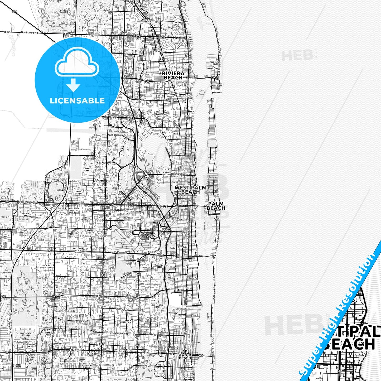 West Palm Beach, Florida light map with streetnames, citynames and districts