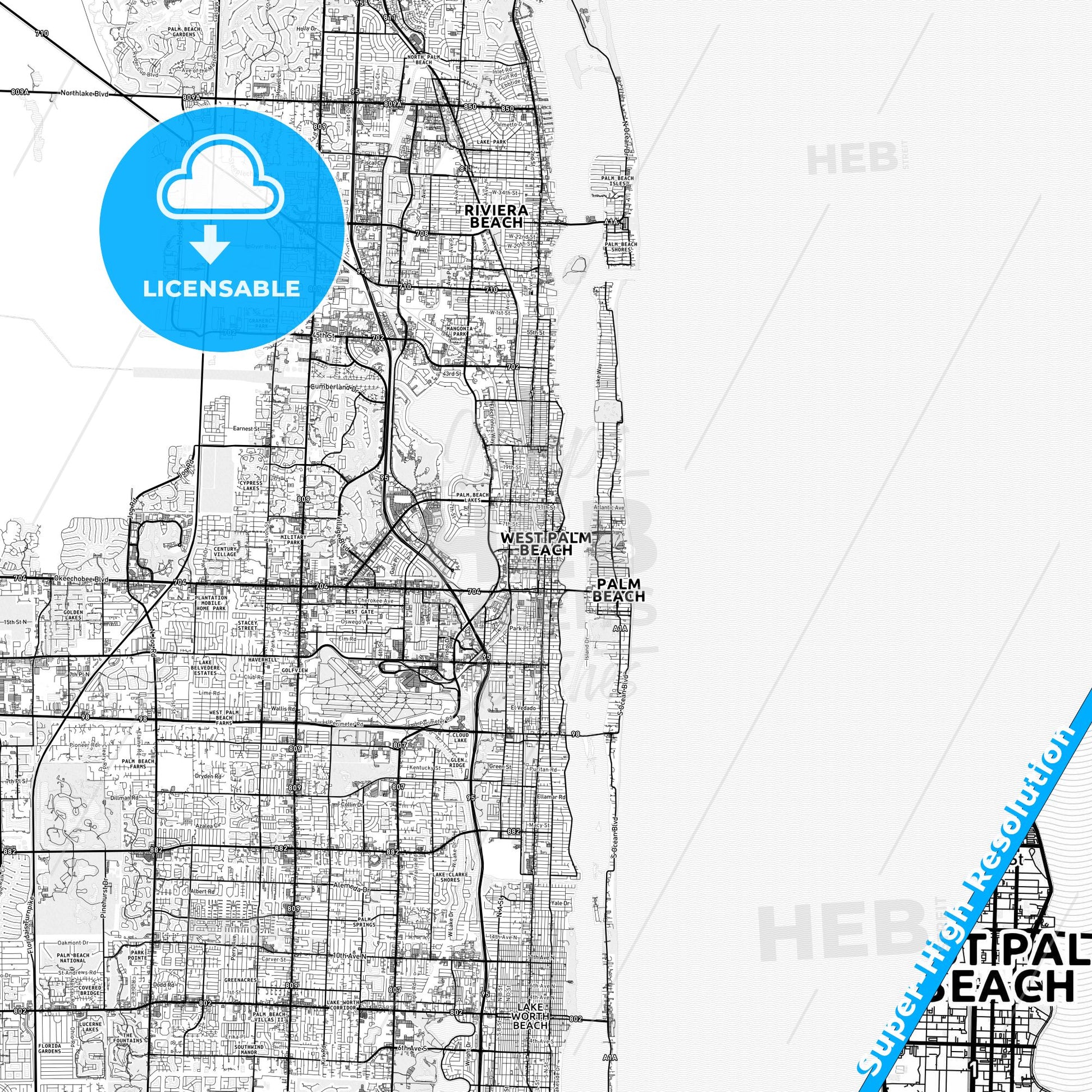 West Palm Beach, Florida light map with streetnames, citynames and districts