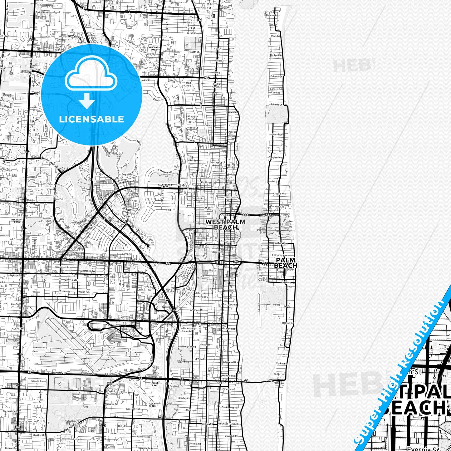 West Palm Beach, Florida Light Map with Street Names, City Names, and Districts
