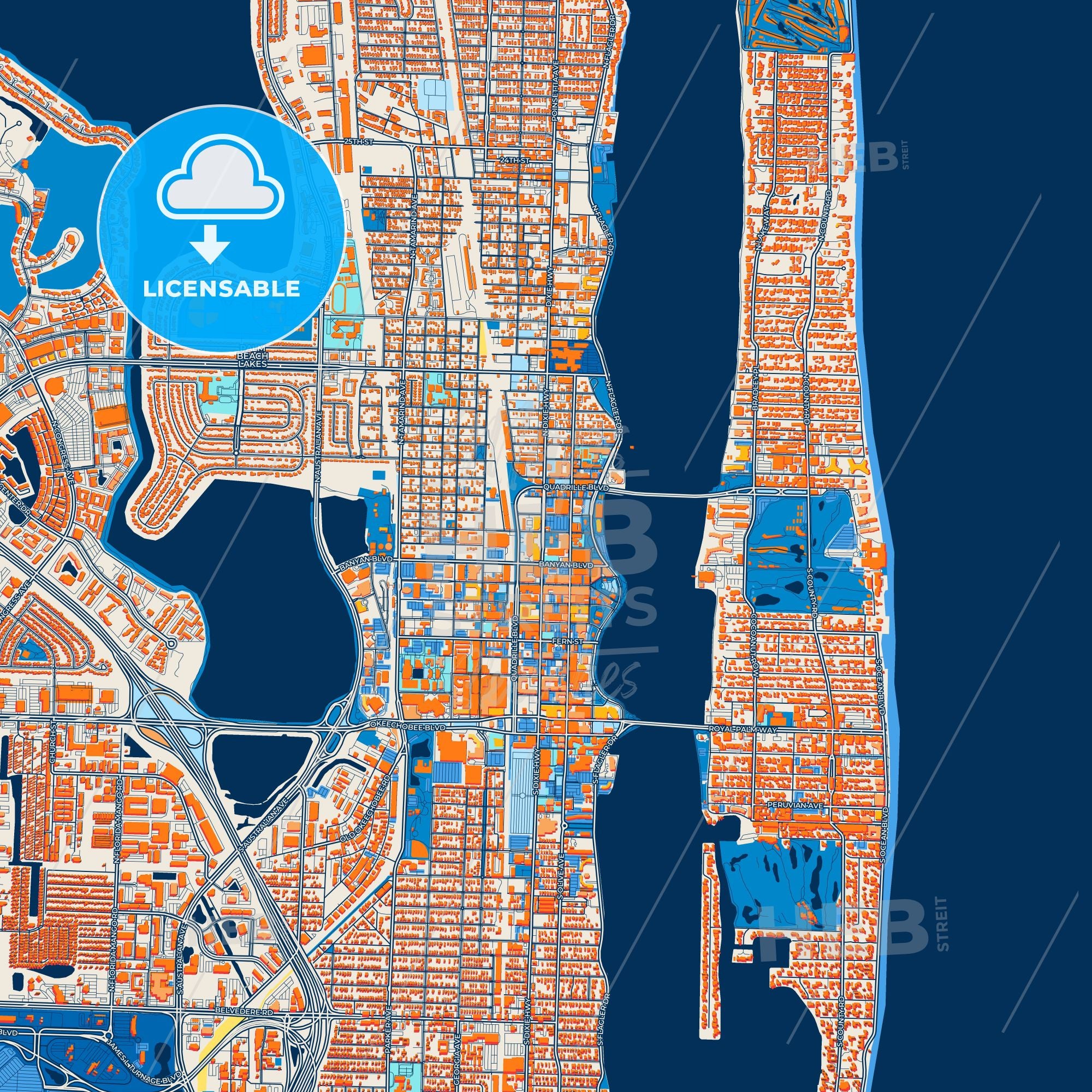 Colorful West Palm Beach Street Map With Labels And Buildings – HEBSTREITS