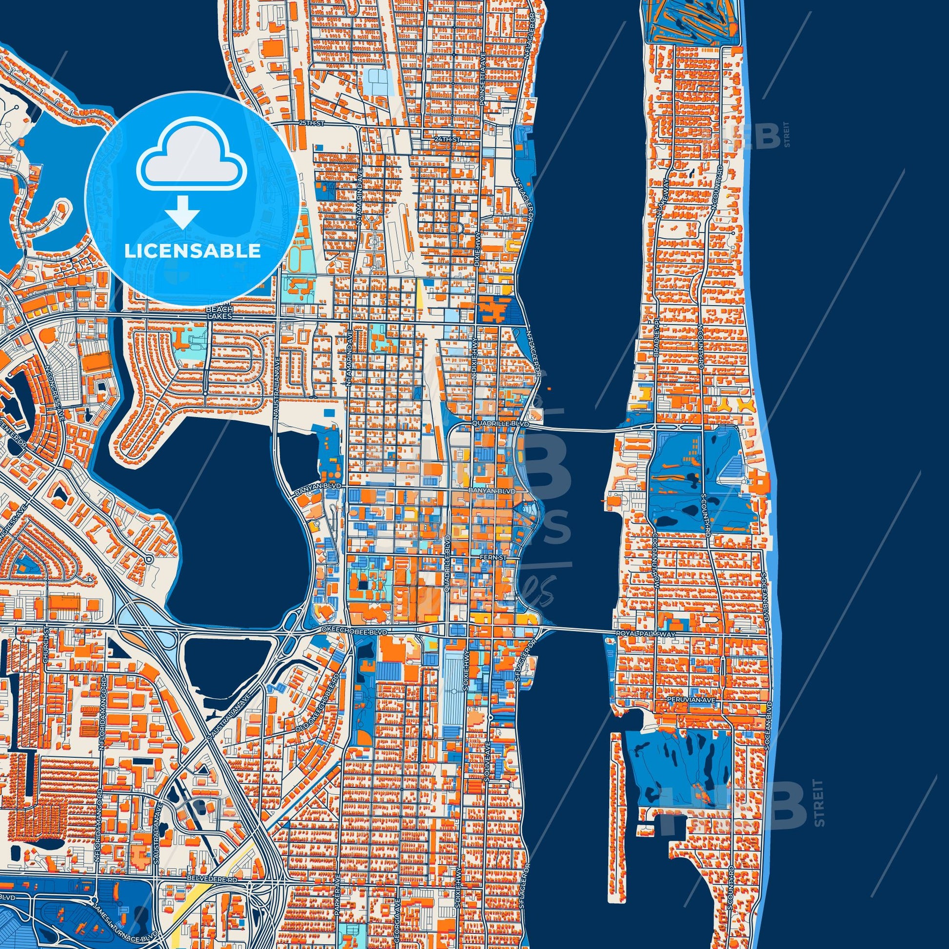Colorful West Palm Beach Street Map with Labels and Buildings