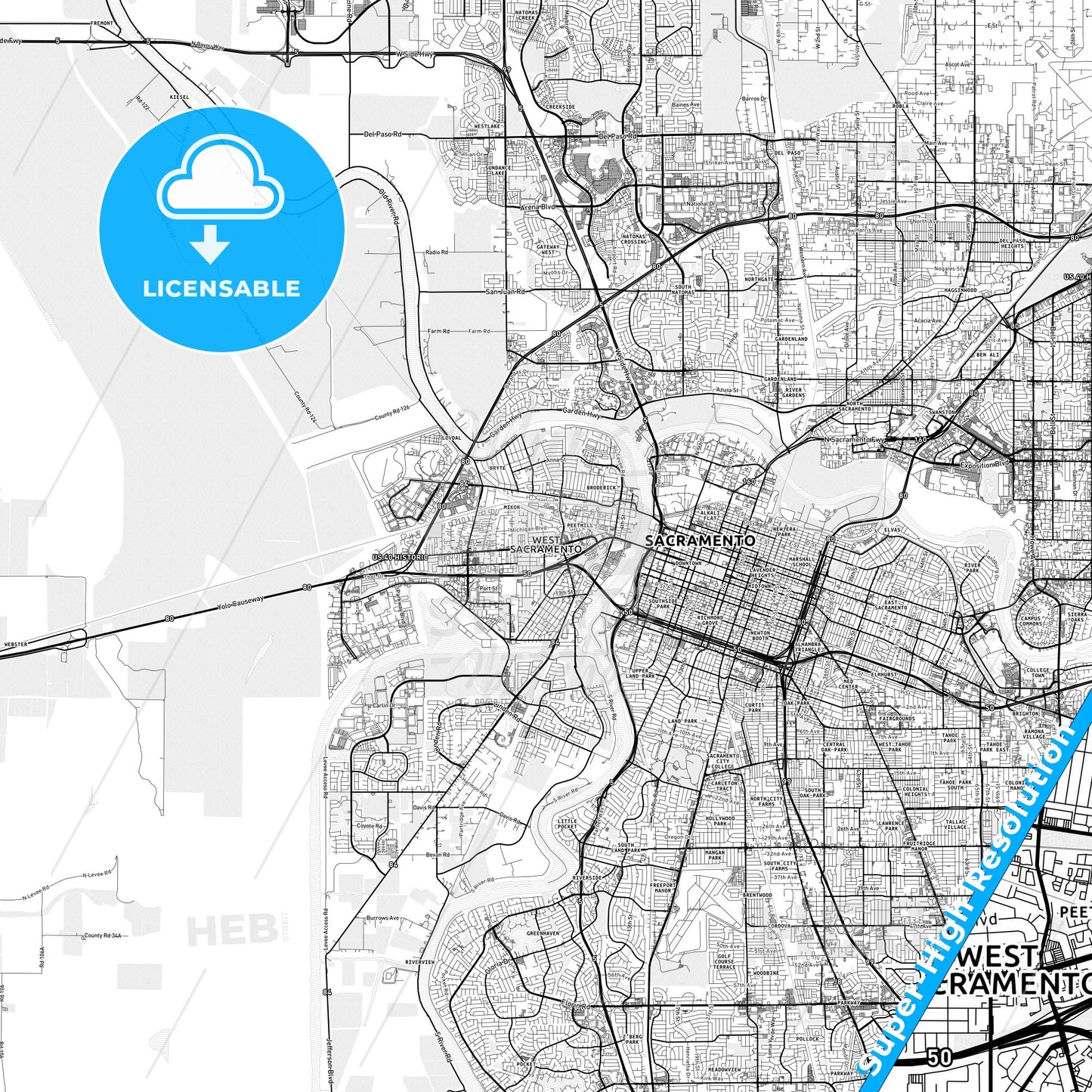 West Sacramento, California light map with streetnames, citynames and districts