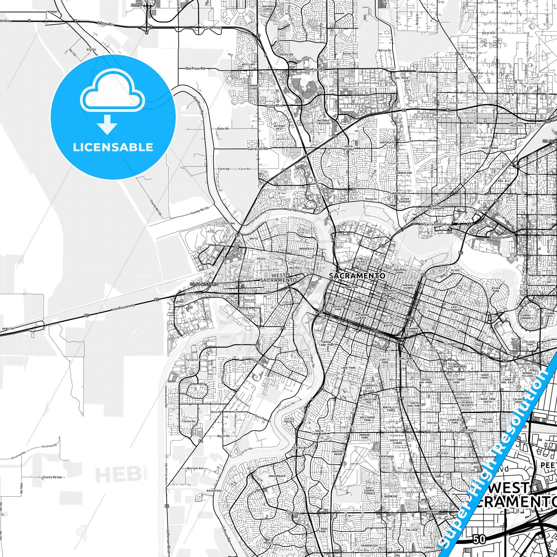 West Sacramento, California light map with streetnames, citynames and districts