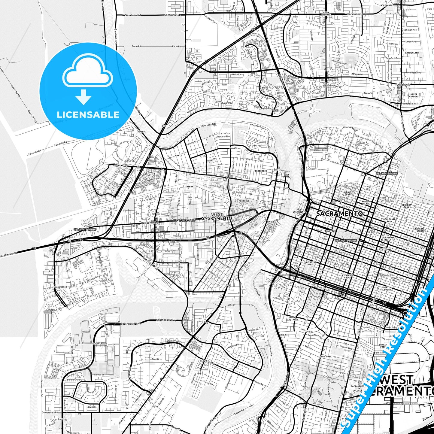 West Sacramento, California Light Map with Street Names, City Names, and Districts