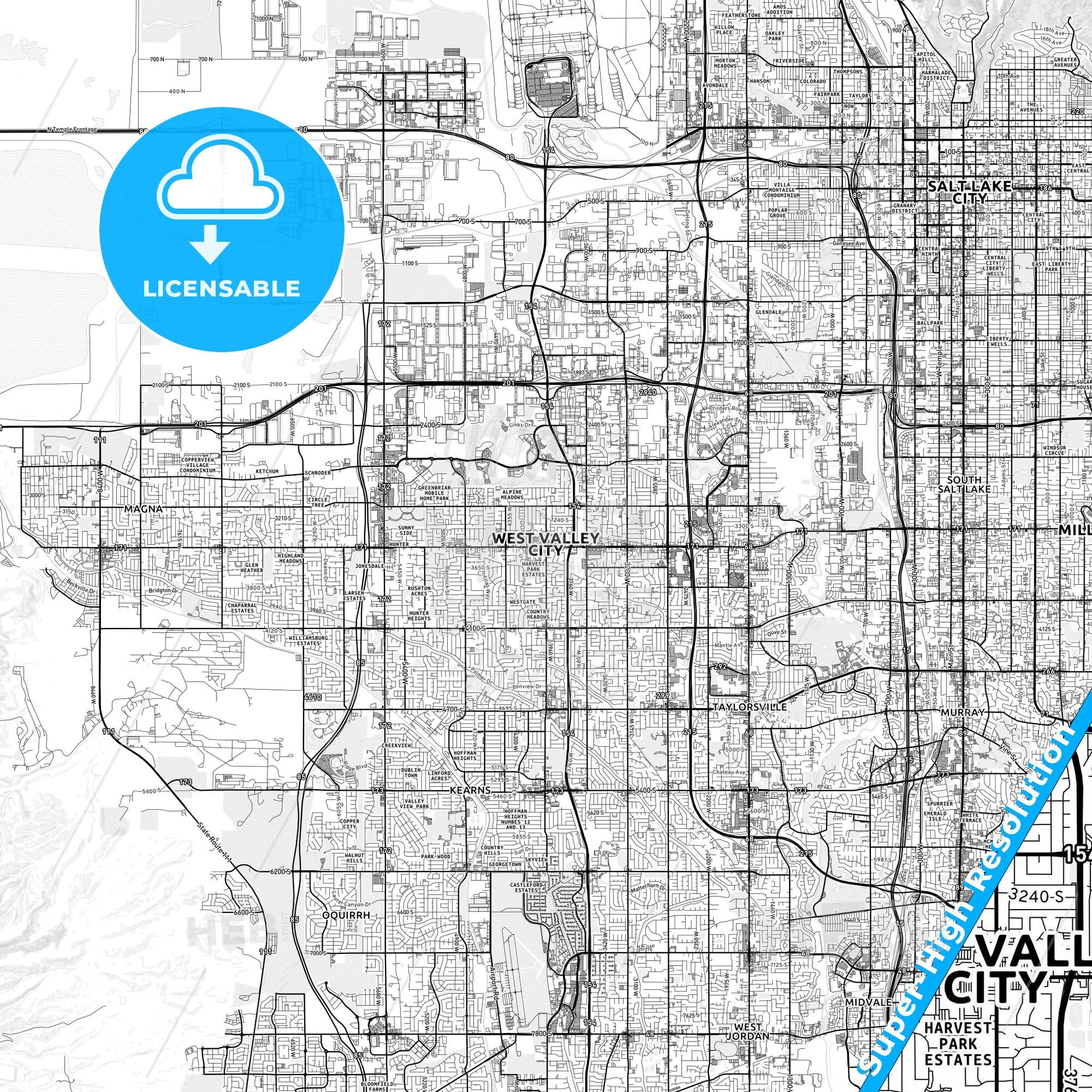 West Valley City, Utah light map with streetnames, citynames and districts