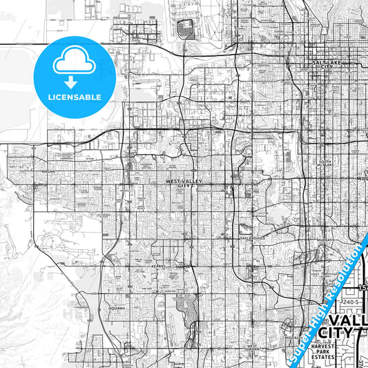 West Valley City, Utah light map with streetnames, citynames and districts