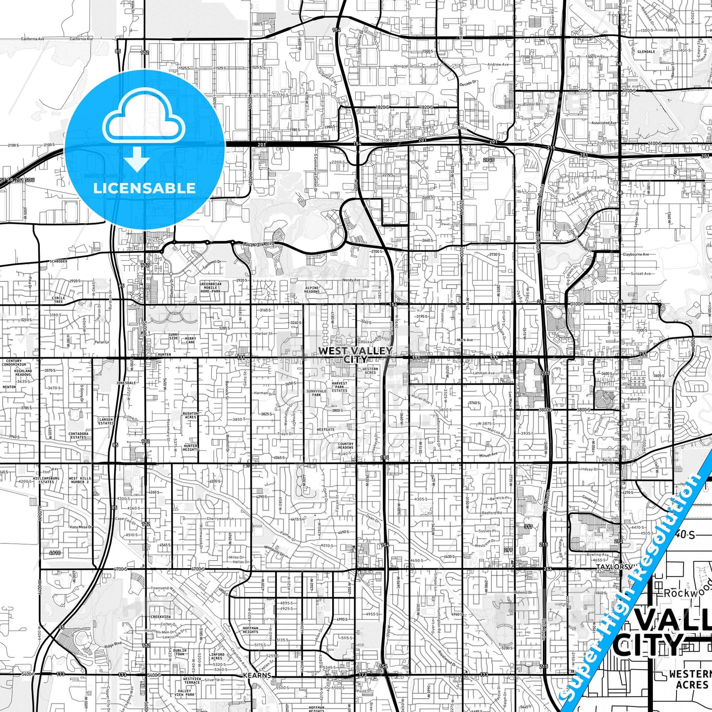 West Valley City, Utah Light Map with Street Names, City Names, and Districts