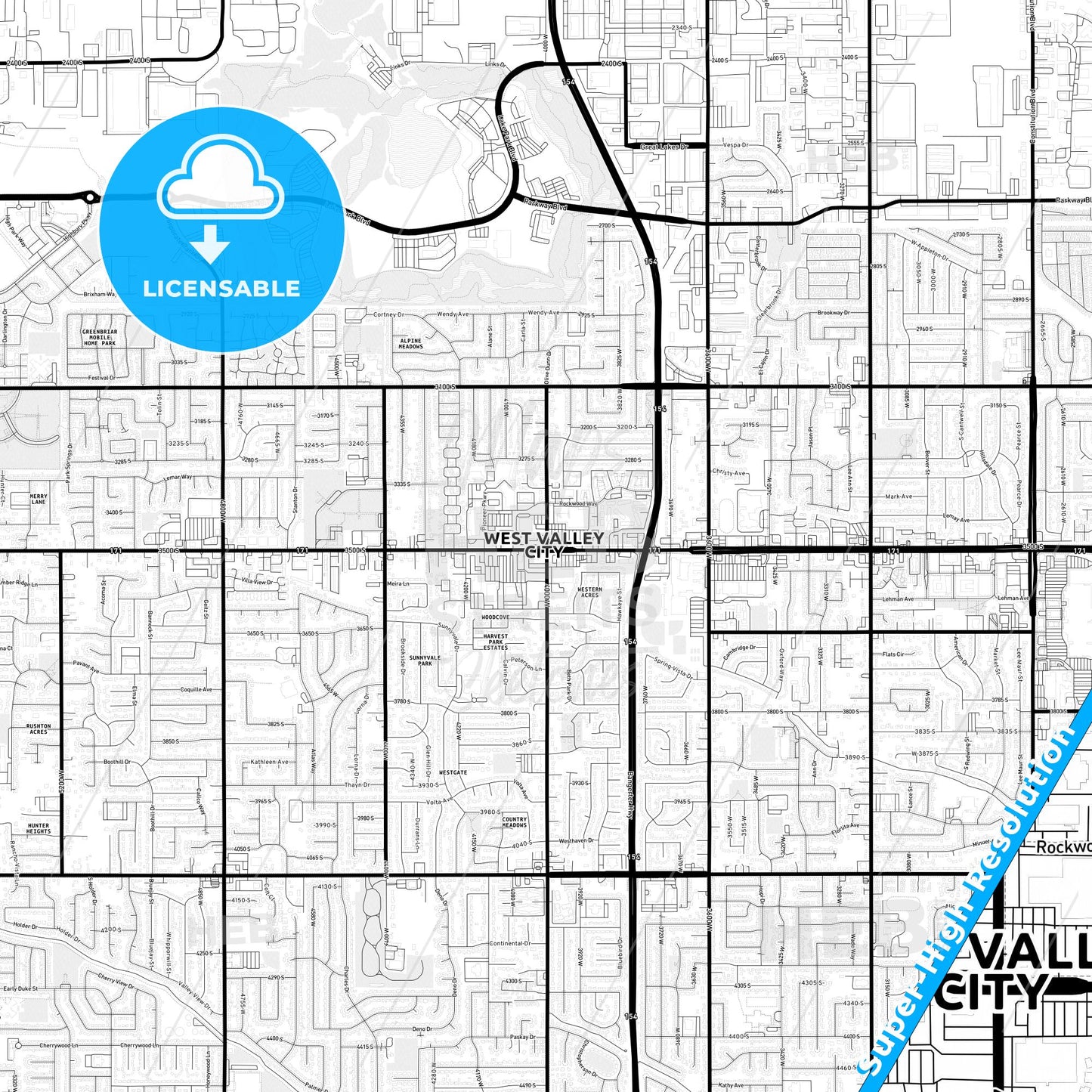West Valley City, Utah Light Map with Street Names, City Names, and Districts