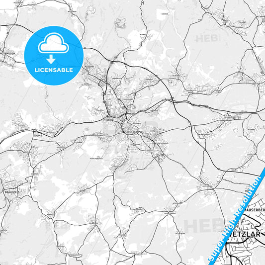 Wetzlar, Germany light map with streetnames, citynames and districts