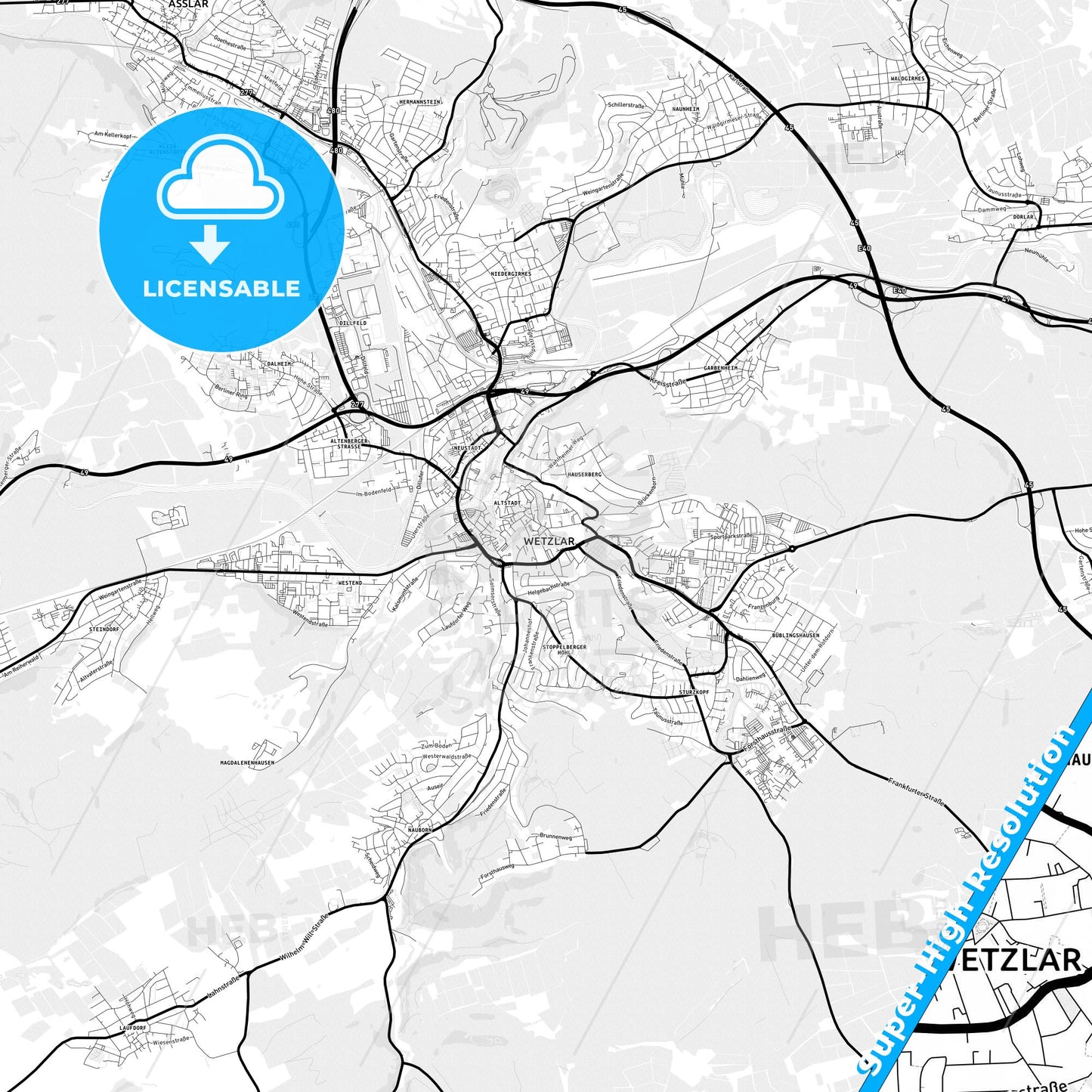 Wetzlar, Germany Light Map with Street Names, City Names, and Districts