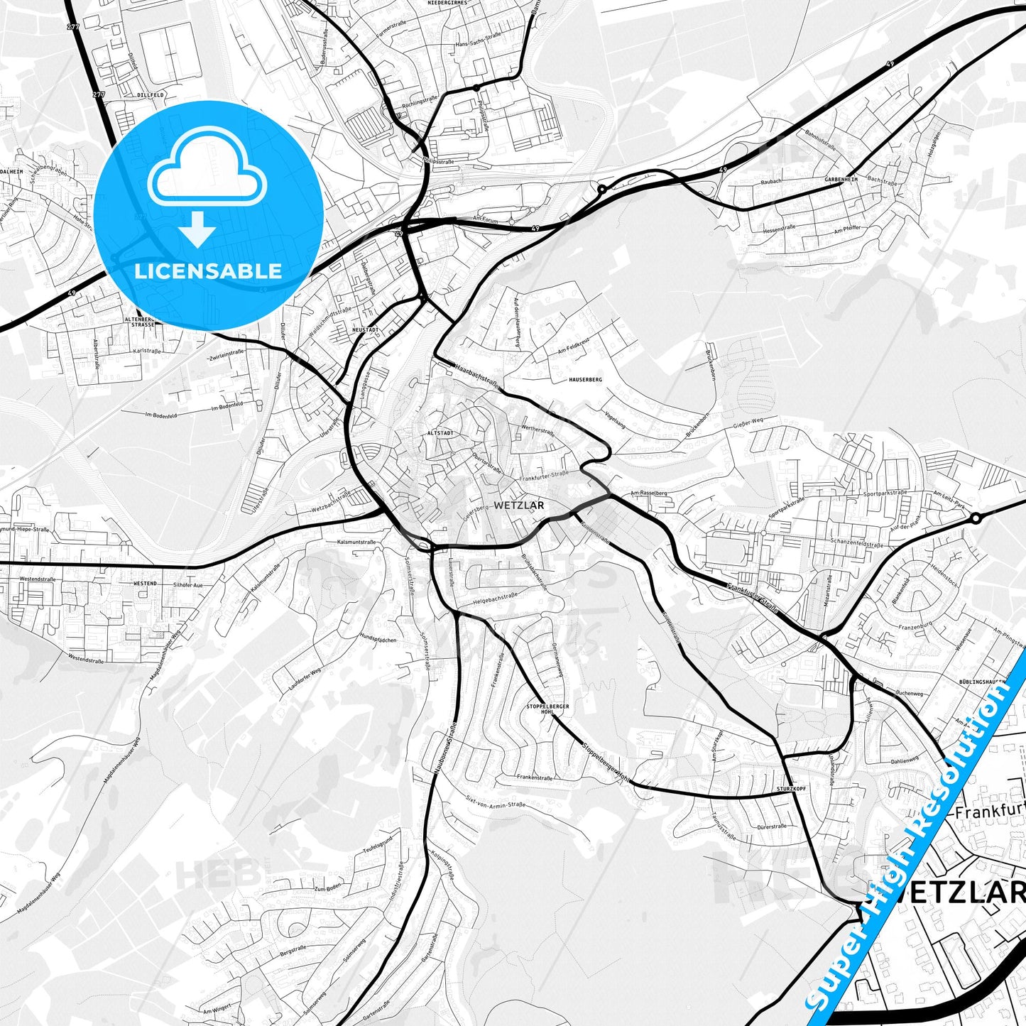 Wetzlar, Germany Light Map with Street Names, City Names, and Districts