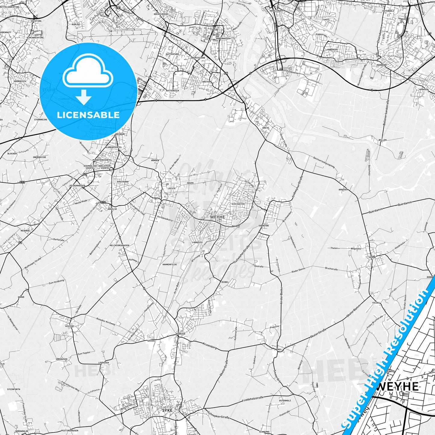 Weyhe, Germany light map with streetnames, citynames and districts