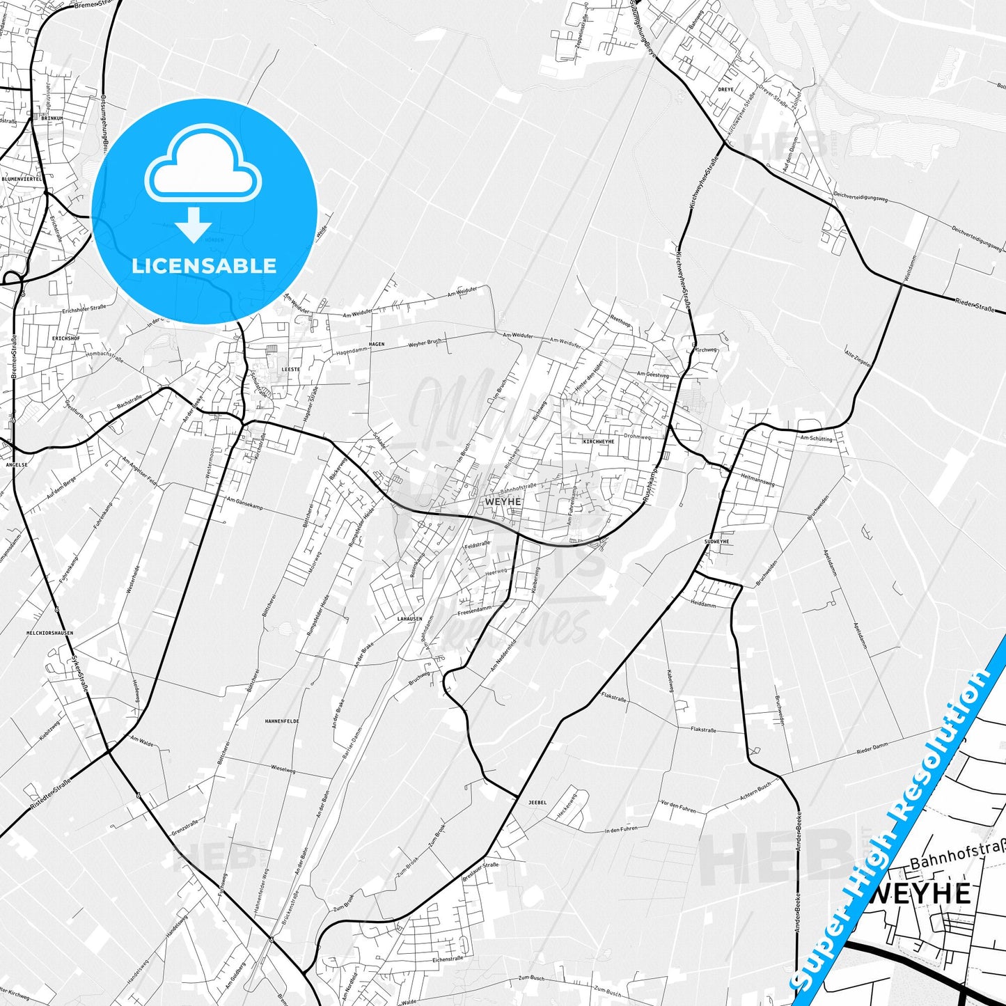 Weyhe, Germany Light Map with Street Names, City Names, and Districts