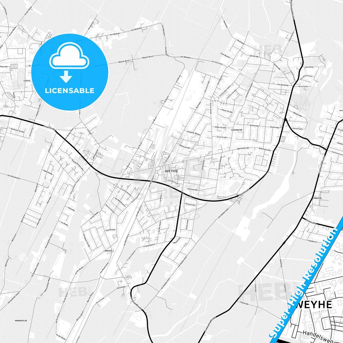 Weyhe, Germany Light Map with Street Names, City Names, and Districts