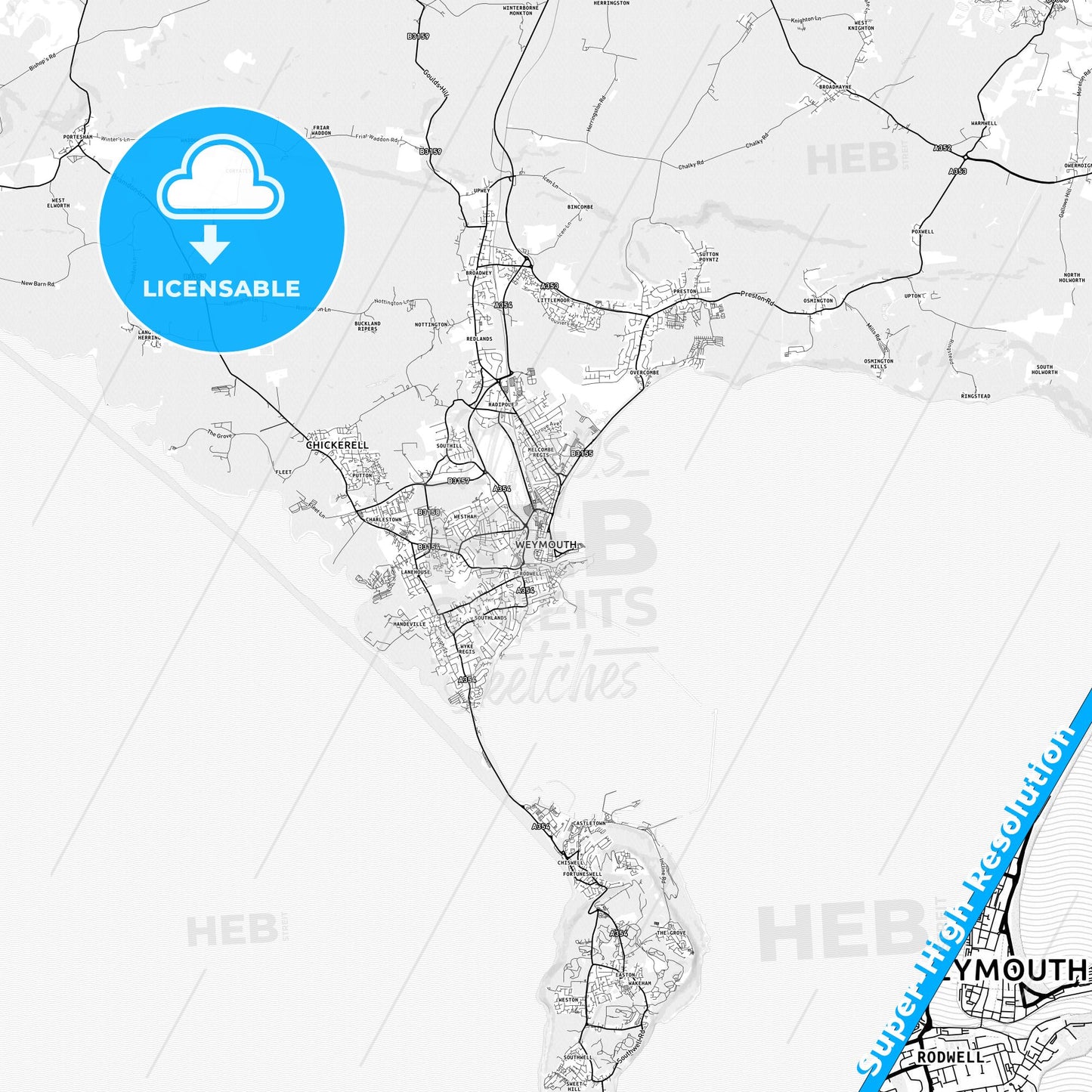 Weymouth, England light map with streetnames, citynames and districts