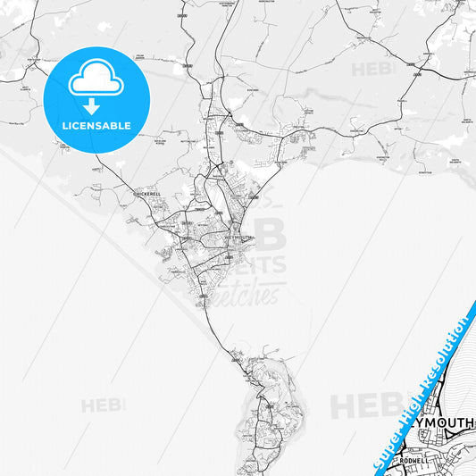 Weymouth, England light map with streetnames, citynames and districts