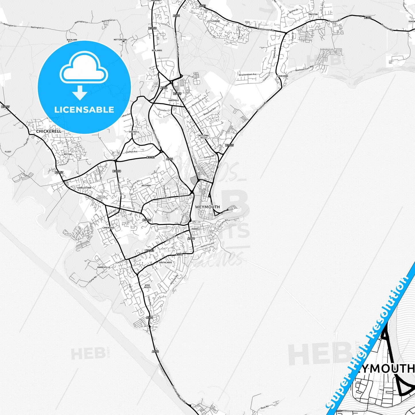 Weymouth, England Light Map with Street Names, City Names, and Districts