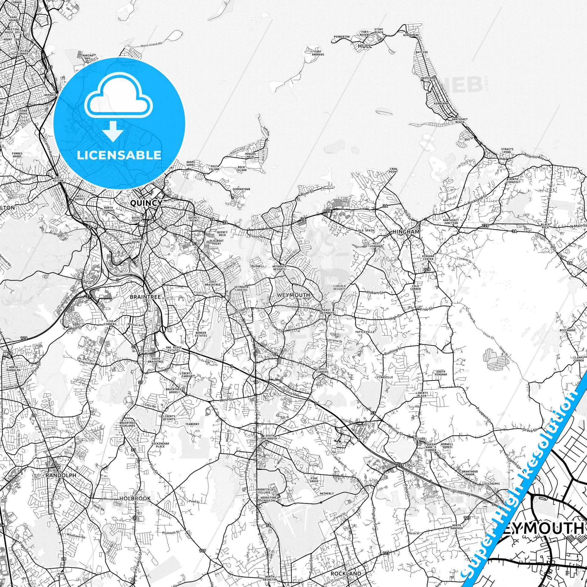 Weymouth Town, Massachusetts light map with streetnames, citynames and districts