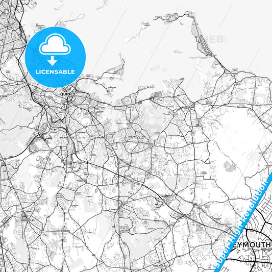 Weymouth Town, Massachusetts light map with streetnames, citynames and districts