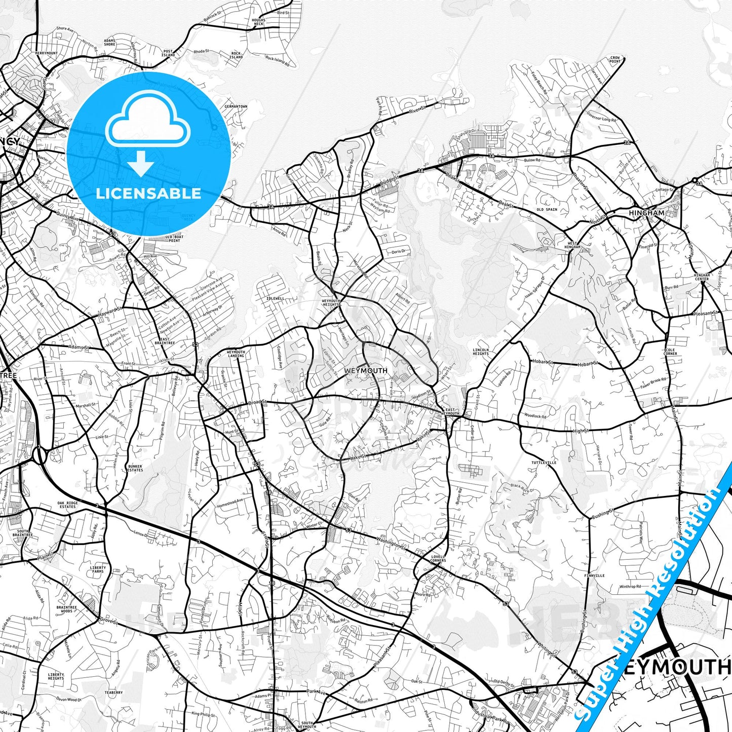 Weymouth Town, Massachusetts Light Map with Street Names, City Names, and Districts