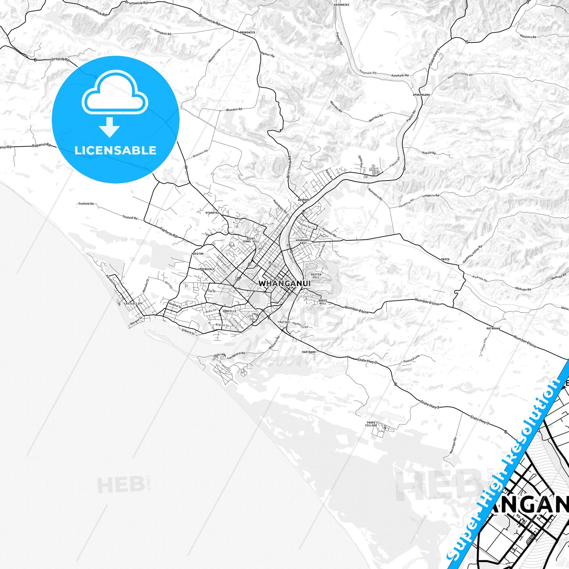 Whanganui, New Zealand light map with streetnames, citynames and districts