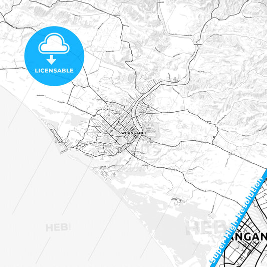 Whanganui, New Zealand light map with streetnames, citynames and districts