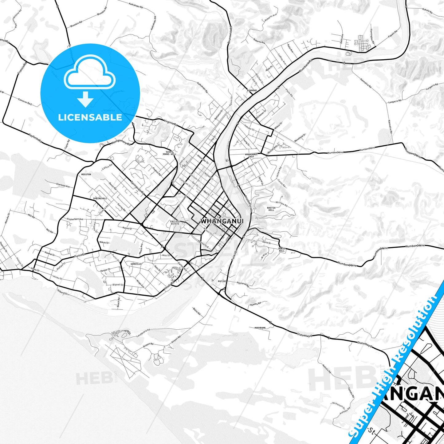 Whanganui, New Zealand Light Map with Street Names, City Names, and Districts