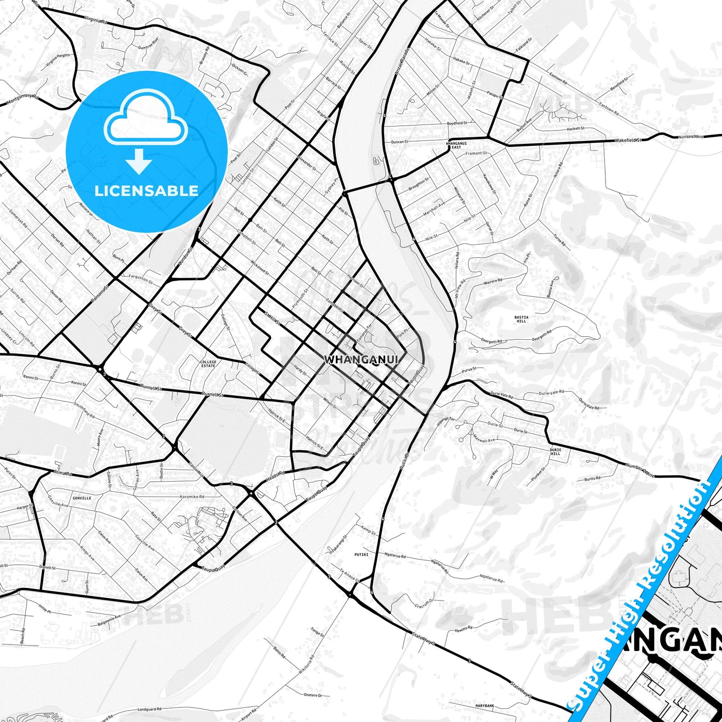 Whanganui, New Zealand Light Map with Street Names, City Names, and Districts