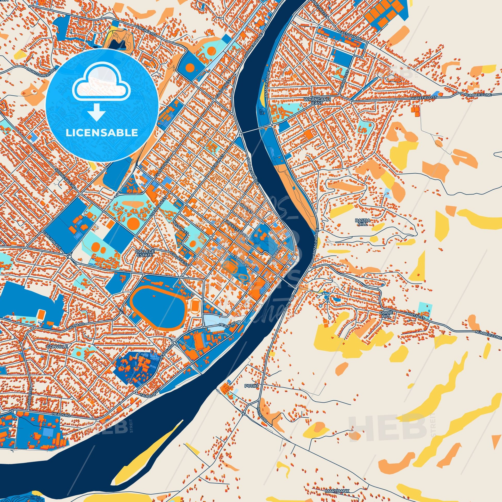 Colorful Whanganui Street Map with Labels and Buildings