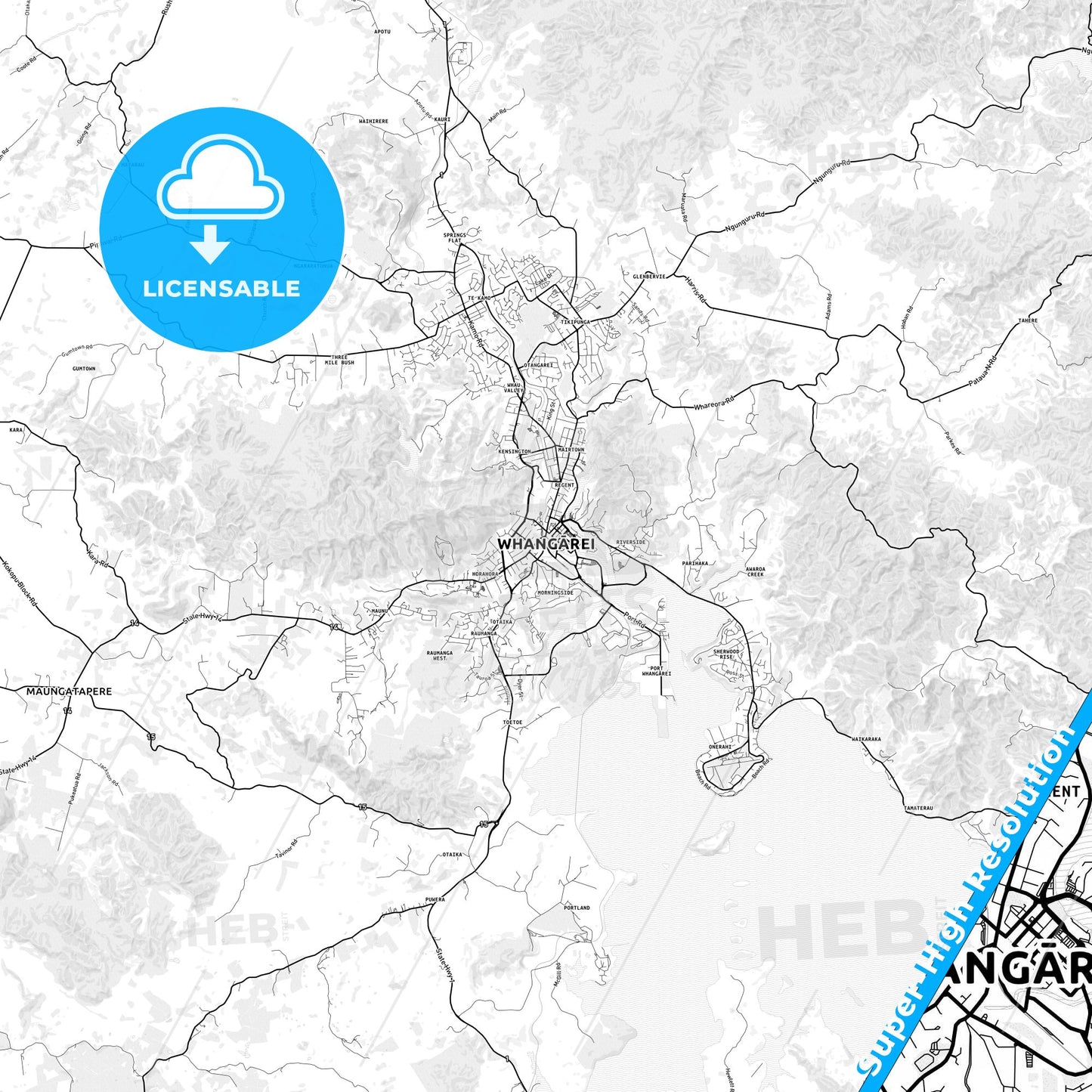 Whangarei, New Zealand light map with streetnames, citynames and districts