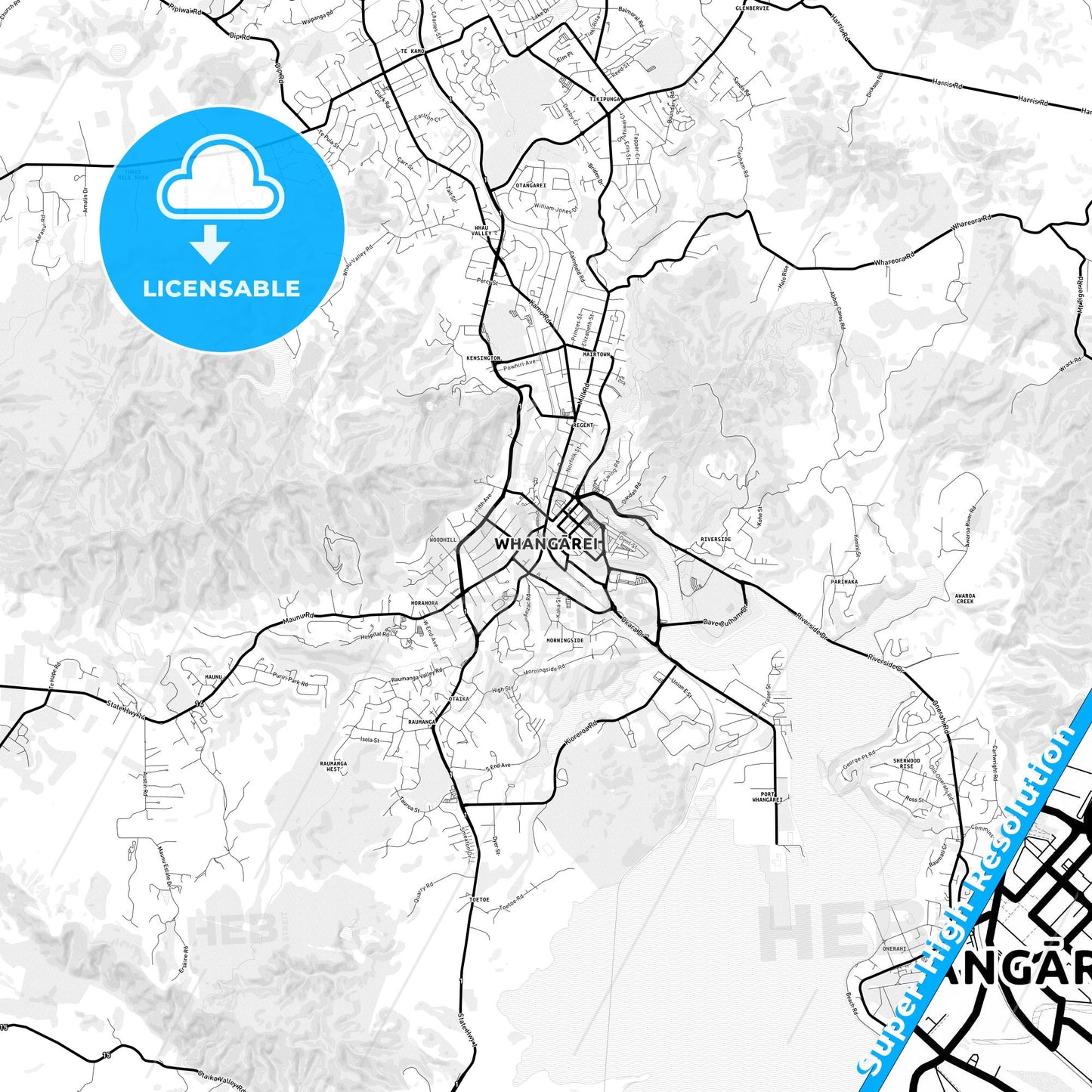 Whangarei, New Zealand Light Map with Street Names, City Names, and Districts