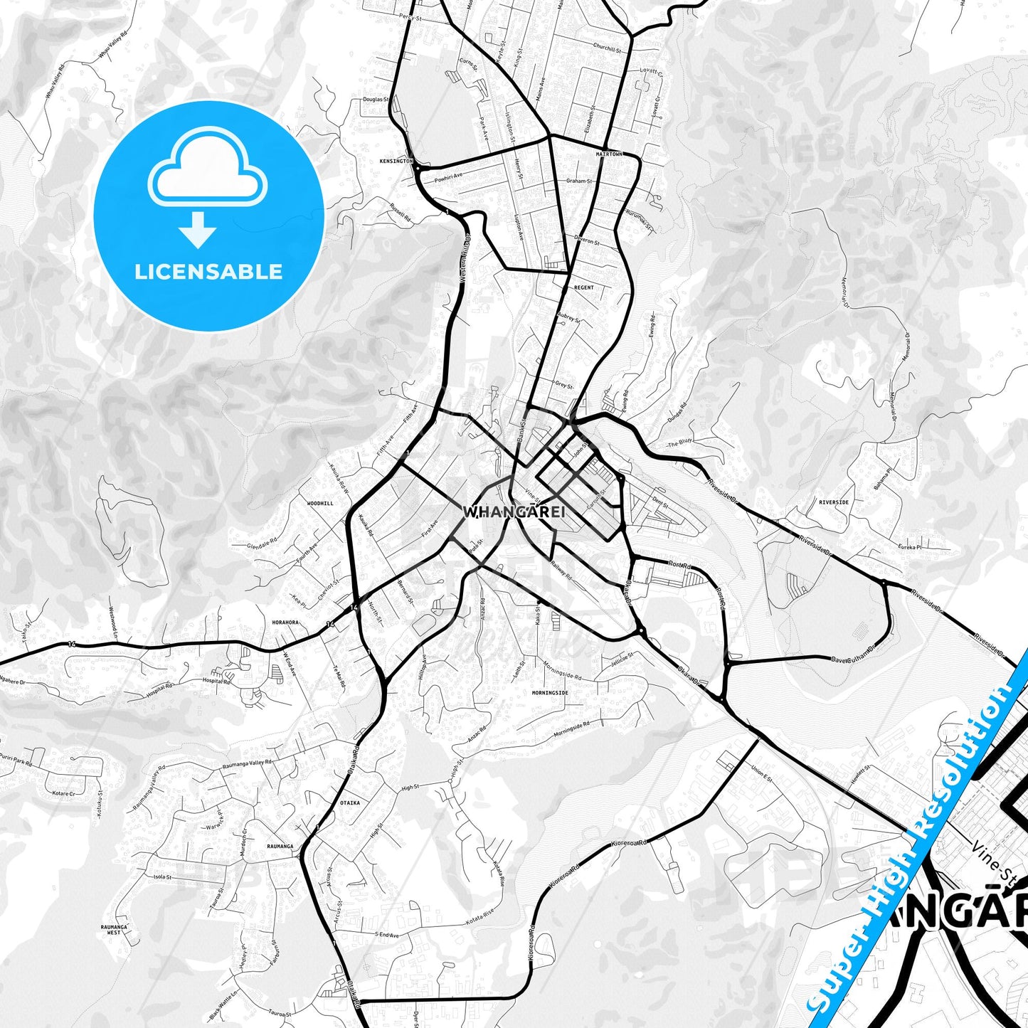 Whangarei, New Zealand Light Map with Street Names, City Names, and Districts