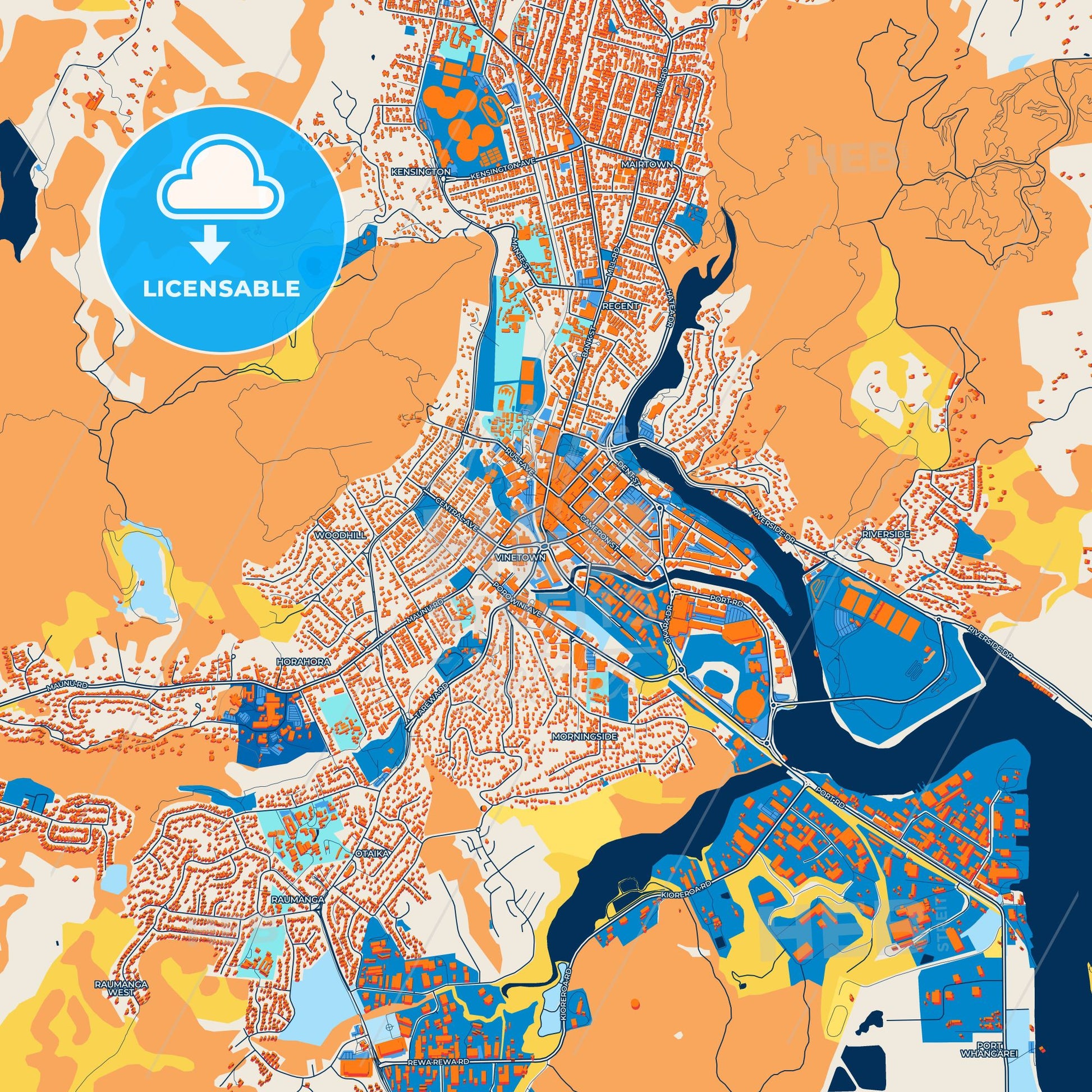Colorful Whangarei Street Map with Labels and Buildings