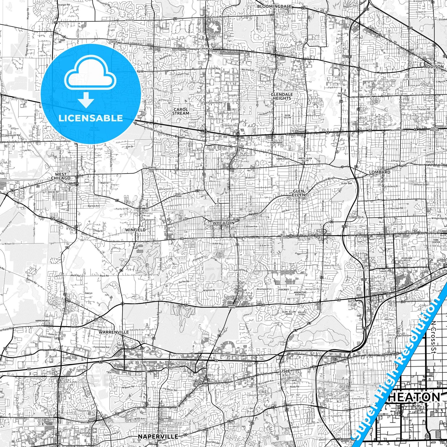 Wheaton, Illinois light map with streetnames, citynames and districts