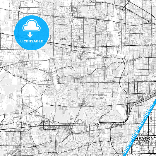 Wheaton, Illinois light map with streetnames, citynames and districts