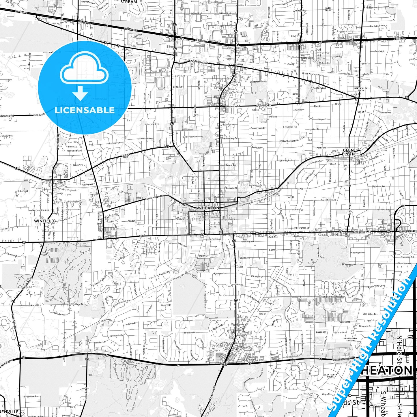 Wheaton, Illinois Light Map with Street Names, City Names, and Districts