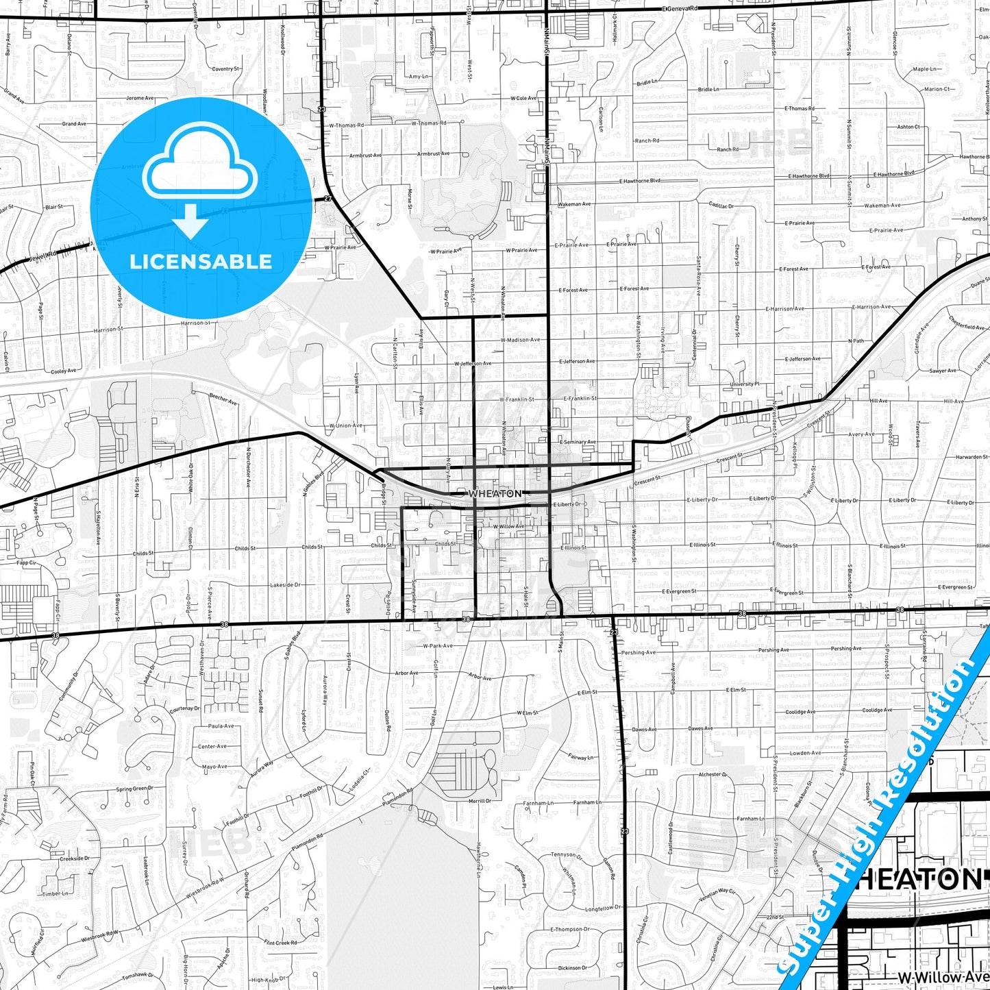 Wheaton, Illinois Light Map with Street Names, City Names, and Districts