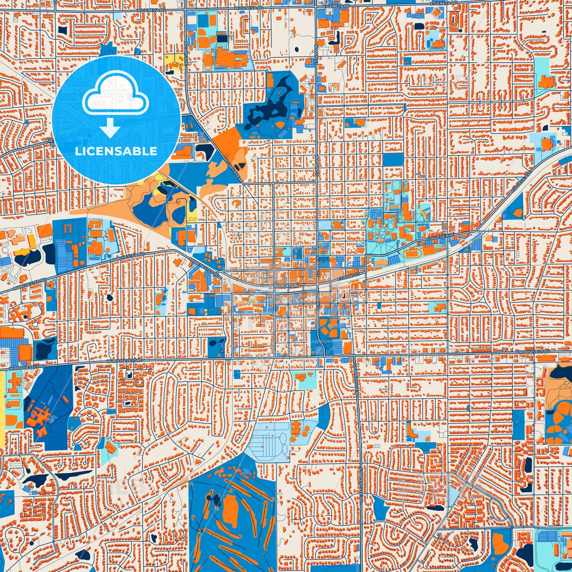 Colorful Wheaton Street Map with Labels and Buildings