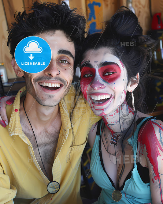 SchizoLove: Colorful Pop Art Painting of a Man and Woman with Painted Faces