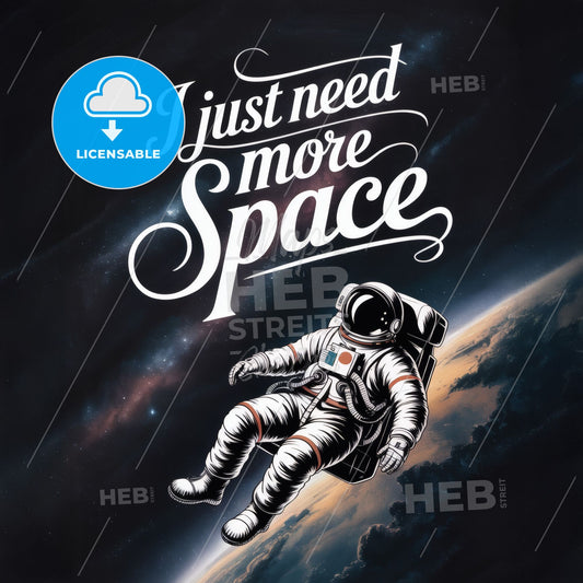Whimsical Astronaut Floating in Space with Inspirational Phrase: 'I Just Need More Space' for Creative Imagery.