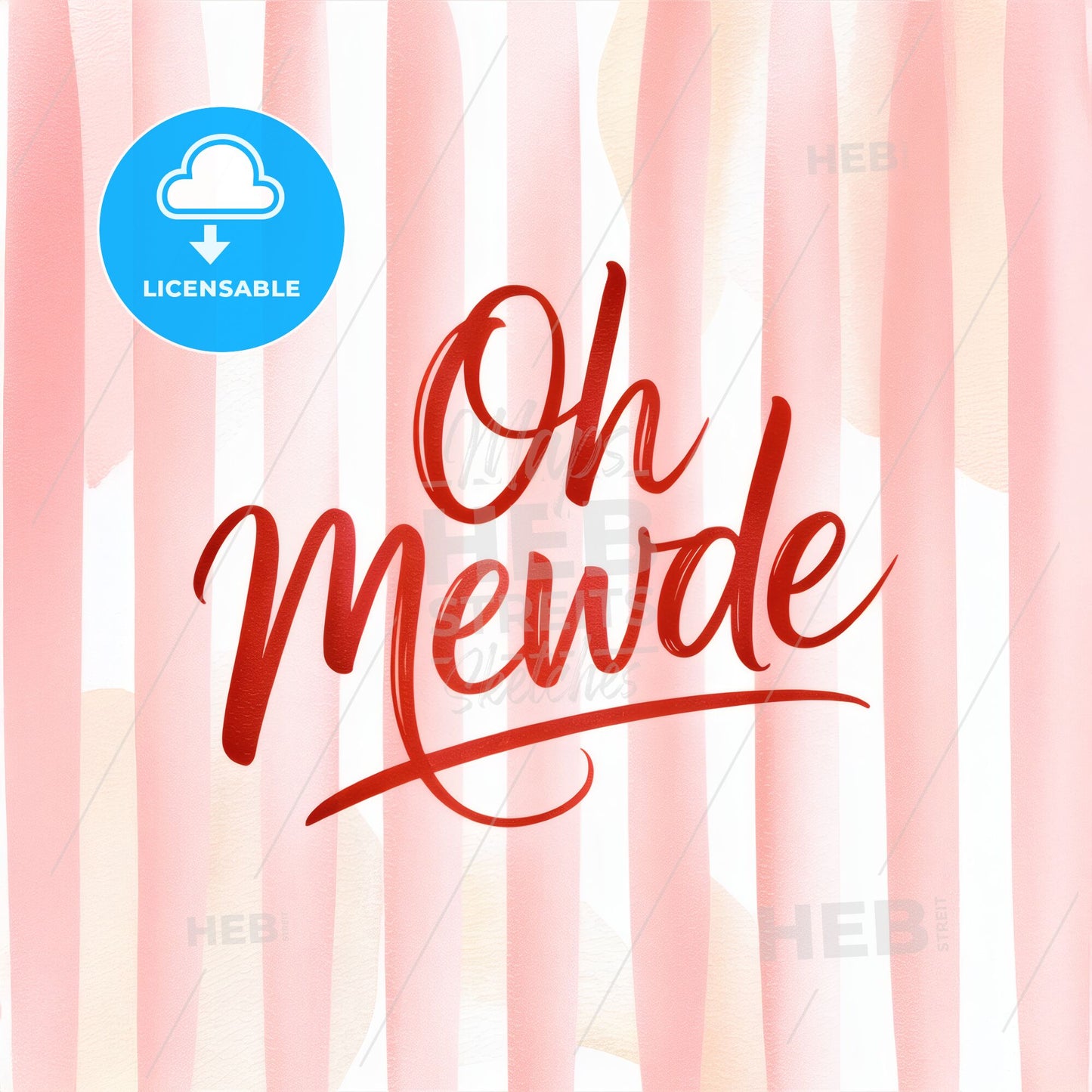 Whimsical Elegance: 'Oh Mewde' in Red Brushstroke on Soft Pink Stripe Canvas