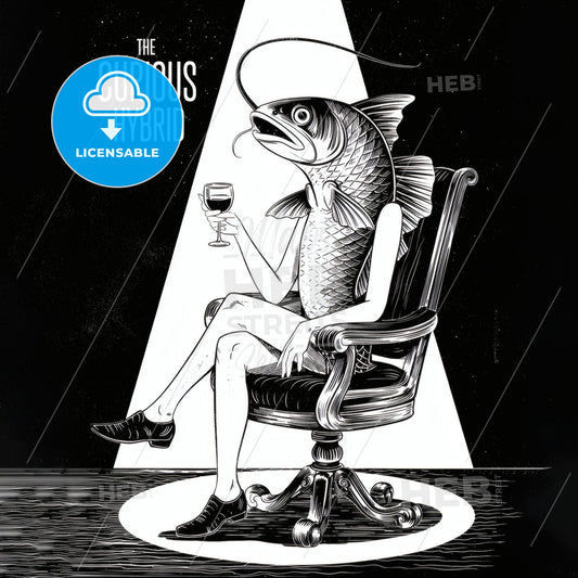 Whimsical Fish-Human Hybrid: Surreal Linocut Print in Vintage Victorian Elegance