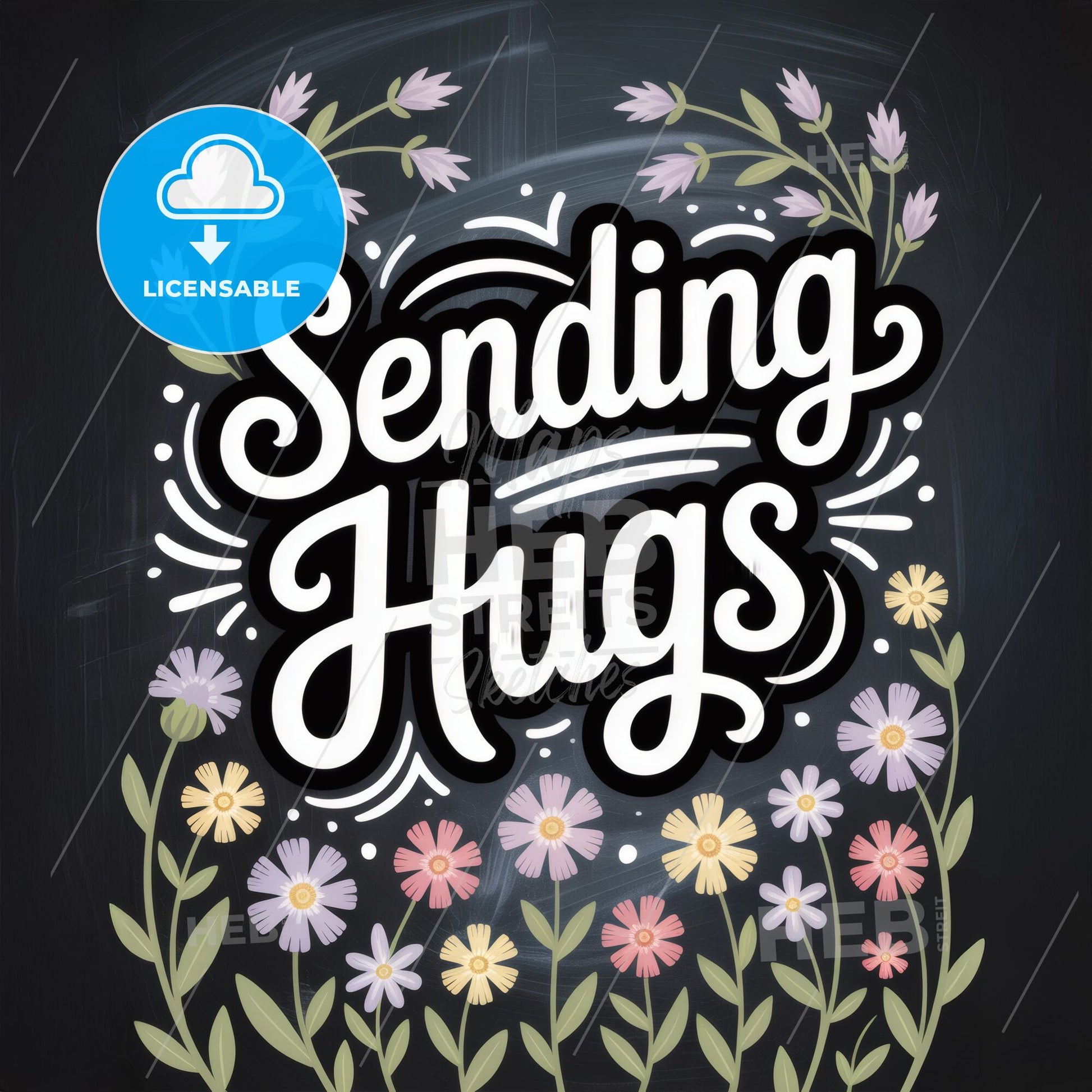 Whimsical Floral Design Featuring Playful Typography with the Phrase 'Sending Hugs' on a Chalkboard Background.
