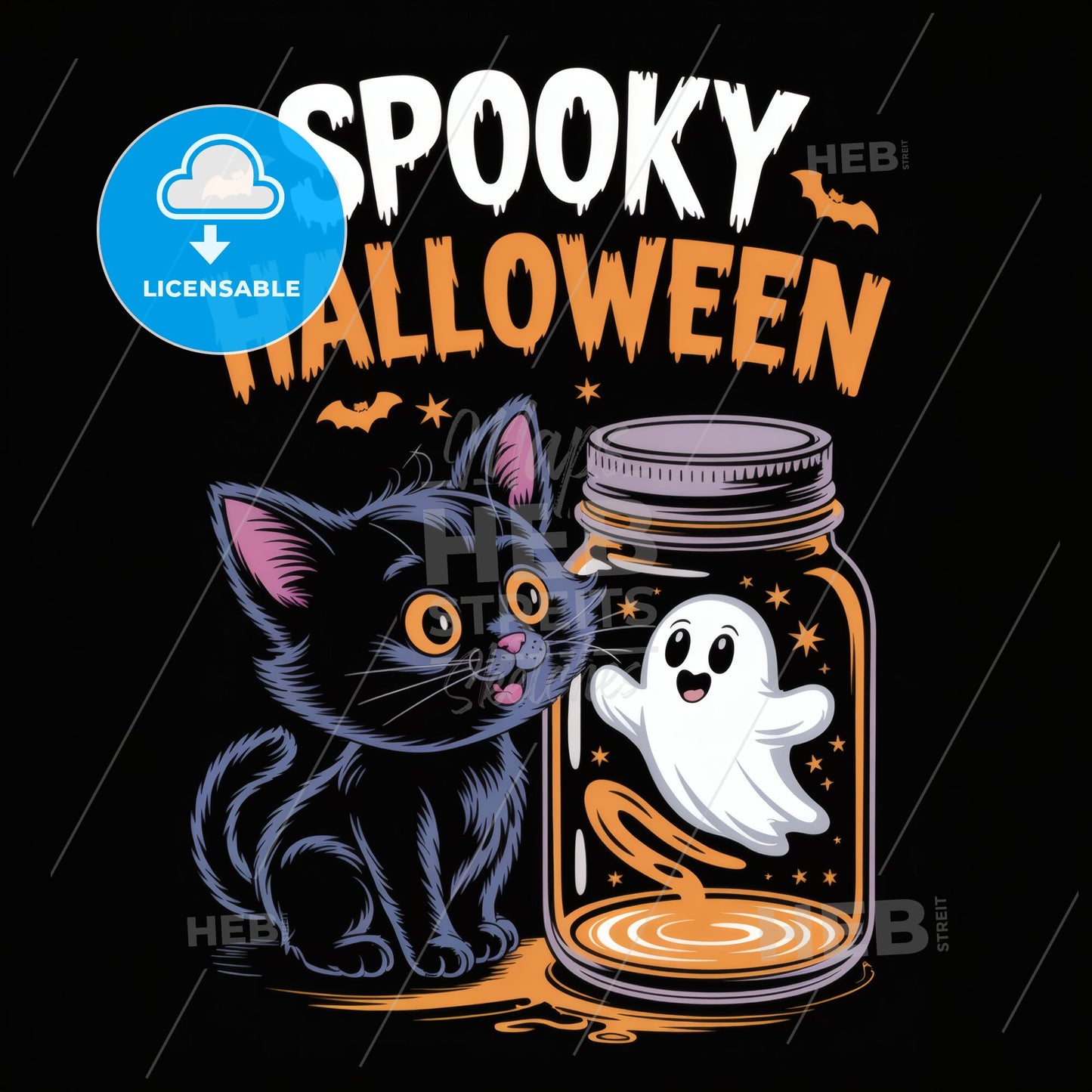 Whimsical Halloween Cat & Ghost Illustration - Spooky Dripping Text Design Print