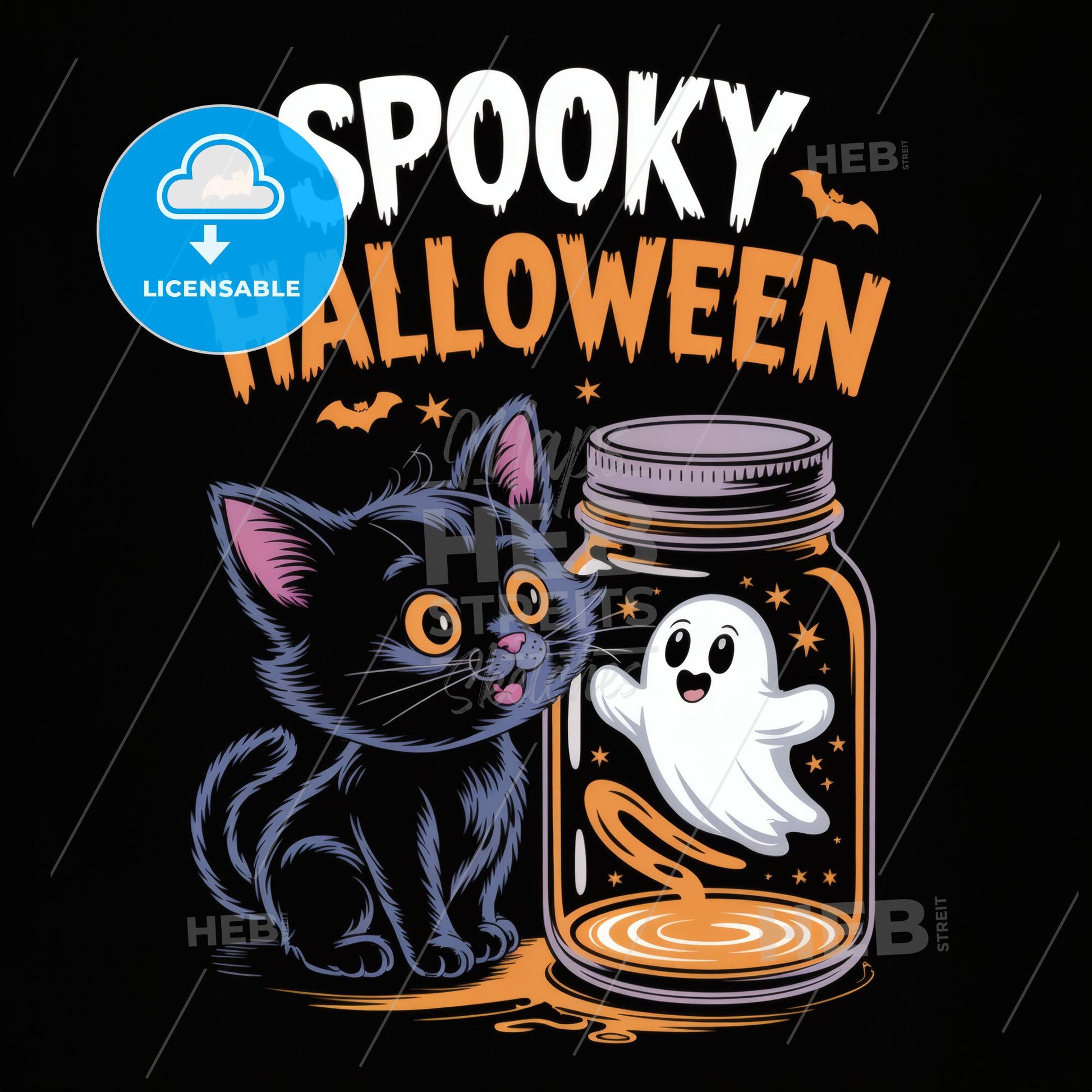 Whimsical Halloween Cat & Ghost Illustration - Spooky Dripping Text Design Print
