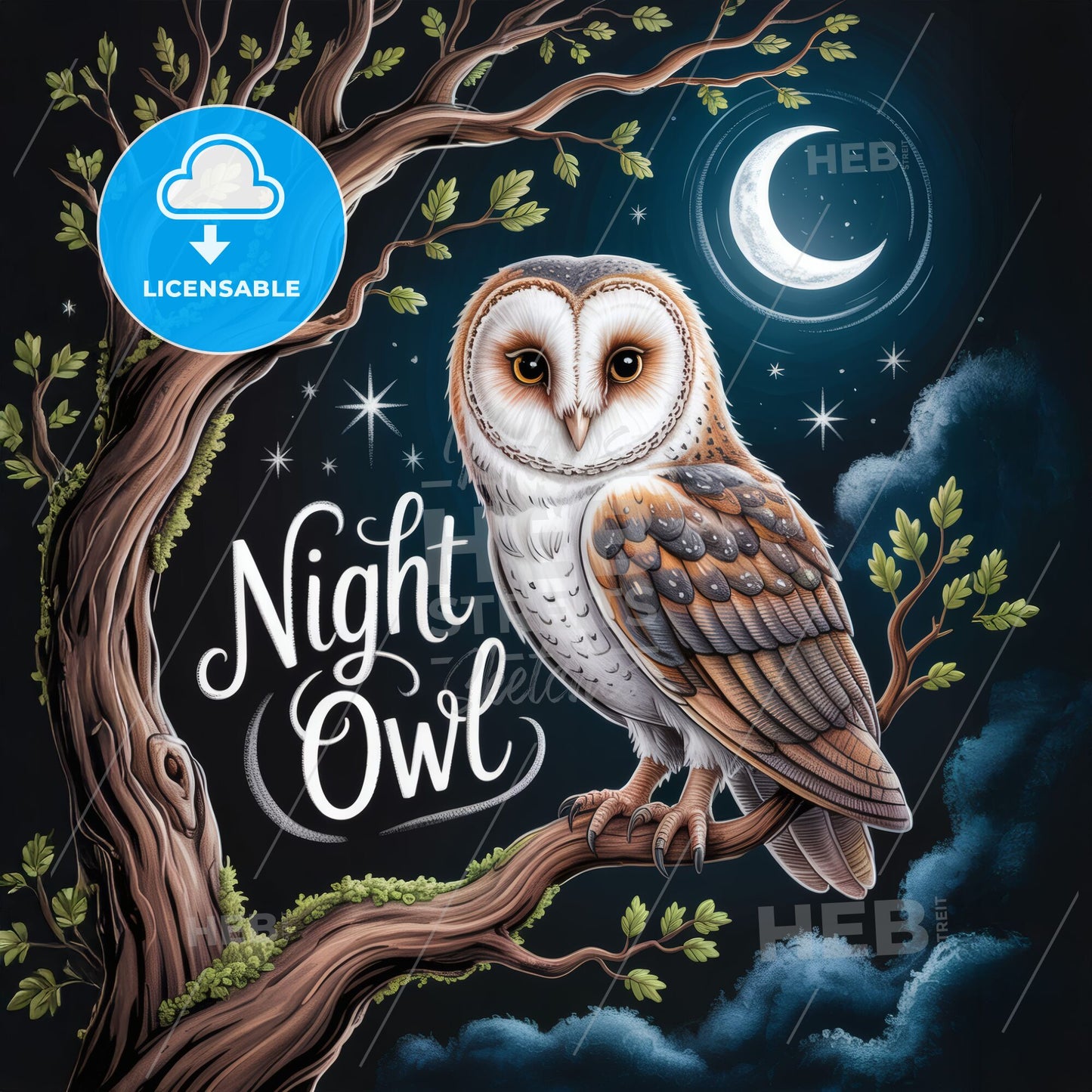 Whimsical Night Owl Illustration with Moon and Stars, Perfect for Nature-Themed Designs and Décor.